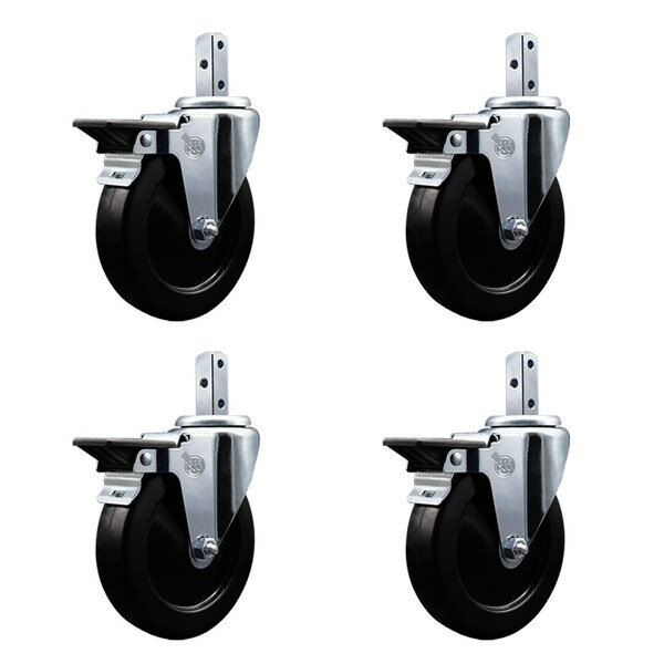 5'' Hard Rubber Wheel Swivel 7/8'' Square Stem Caster Set with Brake, 4PK